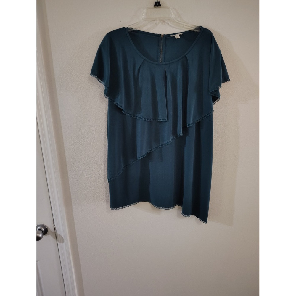 Cato‎ Dark Teal Ruffle Tiered Flutter Sleeve Blouse Plus Size 26/28W Lace Trim